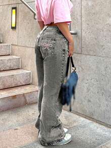 女士经典刺绣后袋直筒休闲牛仔裤，长款春季款 - 灰色 - 查看 5