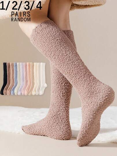 1/2/3/4 Pairs Women Coral Fleece Warm Thermal Long Leg Socks For Autumn/Winter