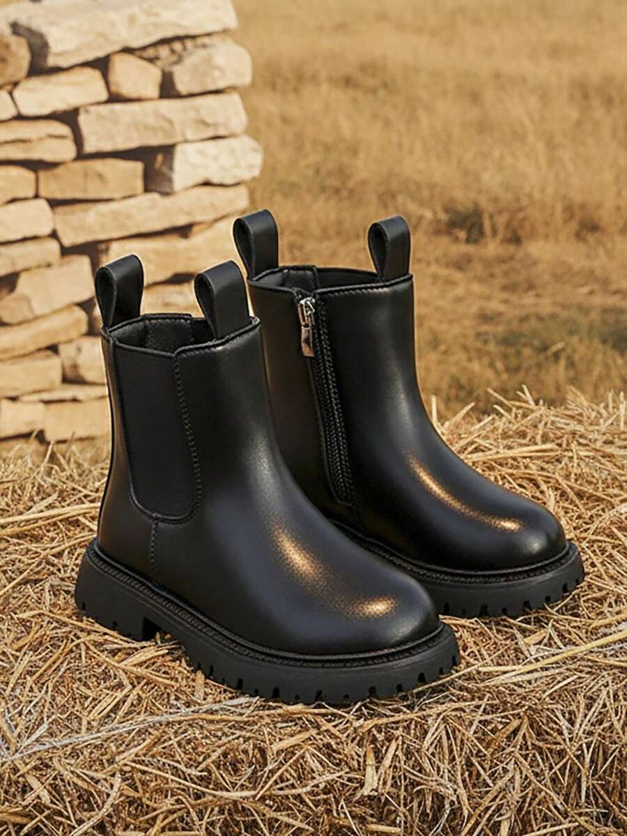 幼儿儿童皮革切尔西靴男童女童踝靴，带拉链和松紧带 - 黑色 - 查看 1