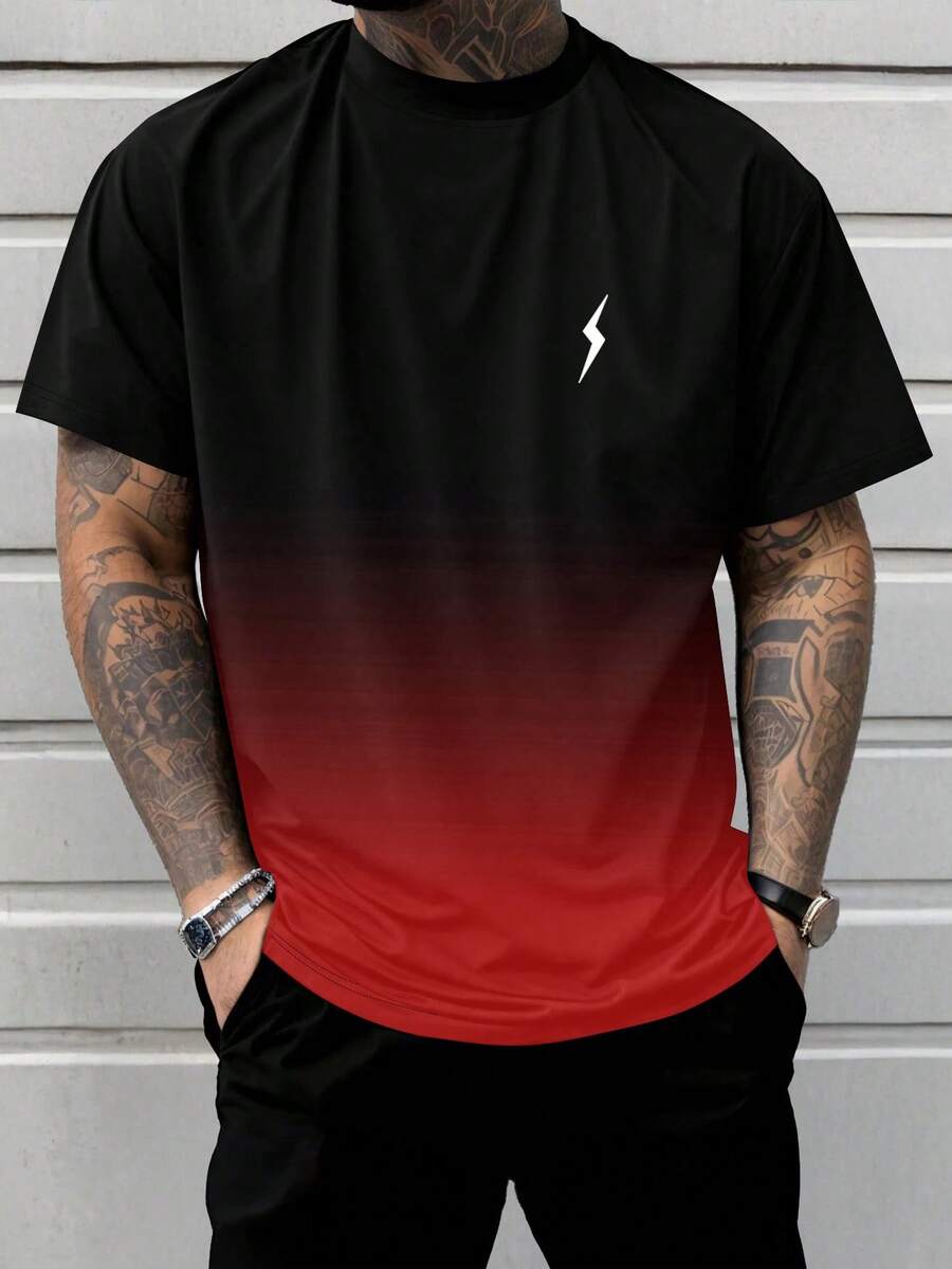 男士渐变闪电印花短袖T恤，夏季时尚 - 紅色 - 查看 1