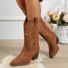 Women'S Cowboy Western Boots Point Toe Pull On Cowgirl Boots Embroidered Detail Chunky Heeled Spring And Winter Back To School Party Festival Halloween Matching Dress Mid Calf Red Boots - 棕色 - 查看 5