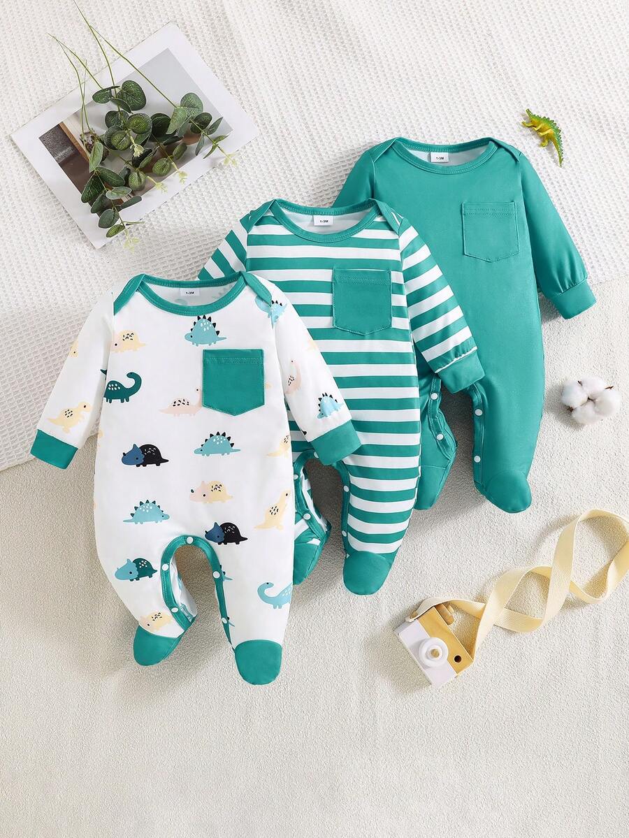 Bộ 3 món/Bộ đồ liền thân in họa tiết khủng long và sọc dễ thương cho bé trai, bộ đồ liền thân liền thân, phù hợp cho mọi mùa - Xanh và trắng - Xem 1