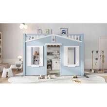 Loft Bed, Children's Bed, Space Under The Bed For Flexible Design, Beautiful Window Design, Nd Stable Ladder, Pine + MDF + Plywood, Blue, 90x200cm