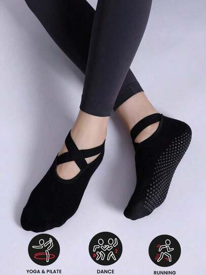 1 Pair Black Yoga Socks, Round Toe, Soft & Comfortable Terry Cloth Bottom, Non-Slip Criss-Cross Strap, Suitable For Pilates, Indoor Workout, Dance