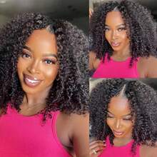 180% Density Afro Kinky Curly V-Part Lace Front Wig, Brazilian Virgin Hair, Glueless Wig, Women's Upgraded U-Part Wig, Fluffy Curly Wig, No Lace, Natural Color - Natural Black - View 5