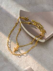 Tkool Set de 2 pulseras de mujer con diseño clásico de capas y elemento de cruz (cantidad de cadena y cuentas al azar) - Amarillo Oro - Ver 3