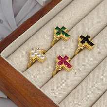 Anello aperto minimalista con croce dorata, intarsiato in rame con zircone cubico, gioiello religioso personalizzato da donna, adatto per uso quotidiano/credenti religiosi