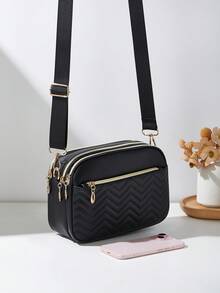 1pc Women's Casual Commuter Crossbody Bag, 4 Zipper Design, Solid Color Personalized Fashion Wavy Pattern, Comfortable Handheld And Shoulder Strap, Large Capacity, Suitable For Travel, Shopping, Commuting - Black - View 3