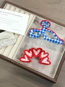 Pink Plaid Pattern Heart Bow Hair Claw Clip, Hair Accessory For Women, Suitable As Birthday Or Valentine's Day Gift Elegant Hair Clips Winter Hair Clutch Women Hair Accessories - Multicolor - View 2