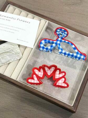 粉色格子图案心形蝴蝶结发夹，女士发饰，适合作为生日或情人节礼物优雅发夹冬季发夹