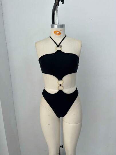 PEPPERMOLLY ​​Women's Sexy One-Piece Swimsuit With Metal Ring Details 2026 - Black Cut-Out Monokini With Waist Accent Rings, Elegant Backless Swimsuit For Beach Vacation, Summer Pool Party, Worthy Photoshoot​​