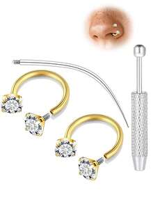 1pc/3pcs/4pcs Y2K Style 16G Horseshoe Septum Clicker With Piercing Tool, Stainless Steel 316L Low Allergy, Cubic Zirconia Embedded, External Thread Design, Suitable For Nose, Cartilage, Lip, Ear, Unisex Jewelry, Great Gift For Halloween, Thanksgiving, Christmas, Birthday