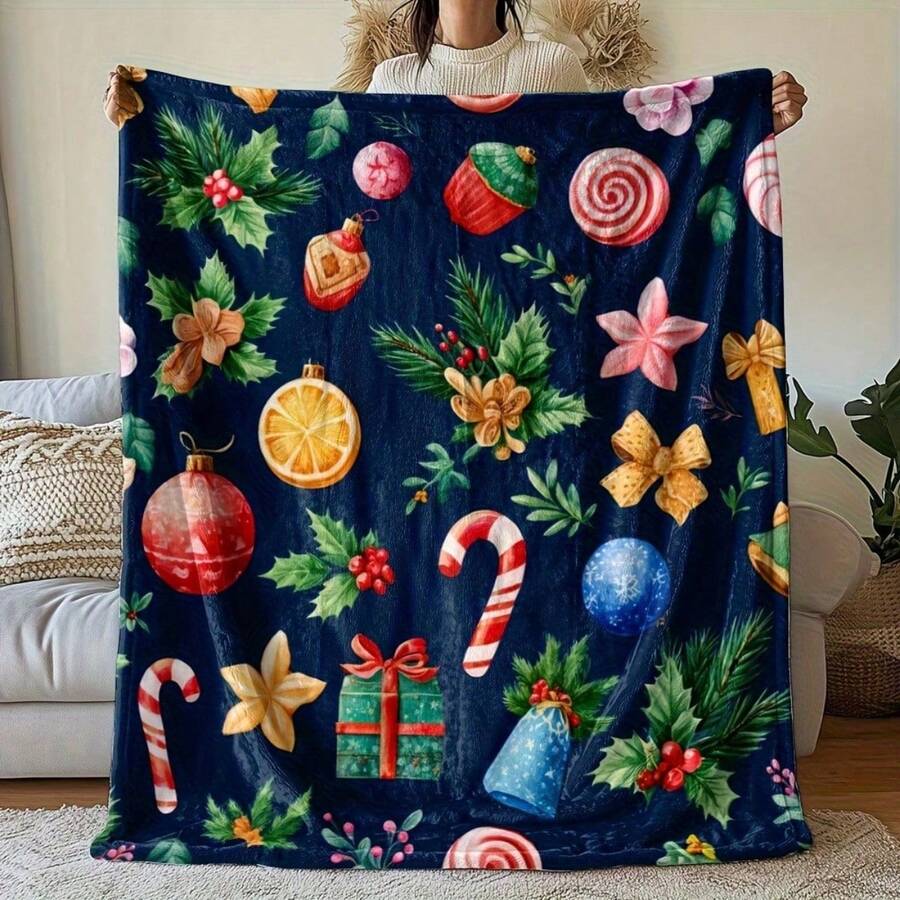 Merry Christmas Throw Blanket - Soft Warm Cozy Flannel All-Season Couch Bed Blanket With Festive Dark Blue Holiday Print (Candy Canes, Holly, Snowflakes, Pine Cones, Ornaments) - Machine Washable For Home, Travel, Camping, Office - Perfect Christmas Gift, Christmas Blankets, Christmas Decor-280gsm