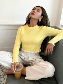 Áo len dệt kim dài tay màu vàng bơ thanh lịch cho nữ ngày lễ tốt nghiệp thường ngày, áo len chui đầu xếp nếp - Màu vàng - Xem 7