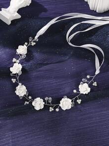 1pc Bridal Wedding Headpiece With Pearl Decor Flower Hairband Brides Stylish Hair Accessory For Wedding And Special Occasions - White - View 4