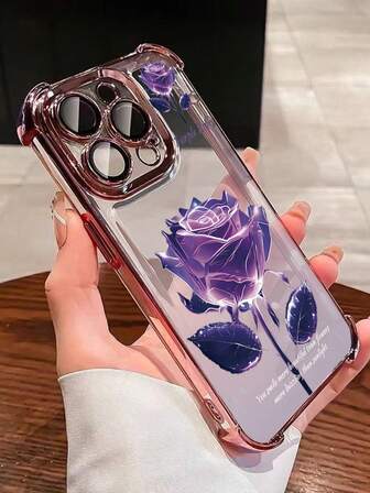 Flower 1pc New Purple Rose Electroplated Airbag Anti-Fall/Thickened Transparent TPU Protective Case Suitable For IPhone 17 Pro Max/16 Pro Max/16 Pro/16/13 Pro Max/12 Pro Max 11, 15 Pro Max, 14 Pro Max/Galaxy, SAM/Honor/Note 13 Pro/S23 Ultra/S24 Ultra