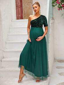 Joyfunear 优雅派对亮片撞色网纱孕妇装 - 墨綠色 - 查看 6