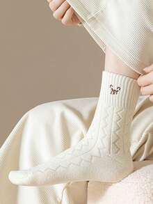 1/5 双女式卡通熊菱形图案保暖内衬舒适休闲中筒袜 - 彩色 - 查看 7