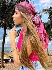 1pc Women Paisley Print Women Bandana,Square Scarf, Fashion Outdoor Headband Neckerchief, Suitable For Spring And Summer For Dress - 中紫紅色 - 查看 5