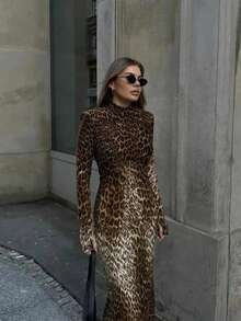 ELVA棕色豹纹女士休闲外出套装，音乐会服装，舞会服装，复古风格，长款派对连衣裙，毕业典礼宾客礼服，冬季连衣裙 - 棕色 - 查看 3