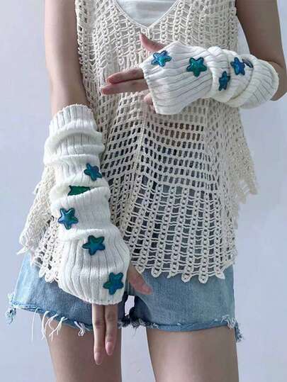 1pc Women Y2K Star Knitted Fingerless Gloves, Warm Arm Sleeves For Autumn/Winter
