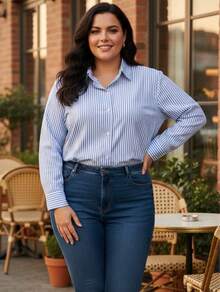 Women's Striped Long Sleeve Crepe Silk Blouse – S, M, L, XL - Blue - View 9