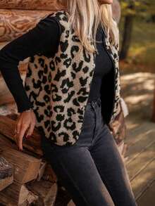Damen Leoparden-Muster Fleece Knopfverschluss Ärmellose Lässig Jacke