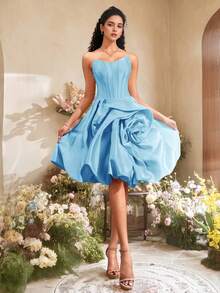 VIPGIRL Elegant Blue Strapless Satin Gown With 3D Floral Applique, Asymmetrical Rose Skirt, Short Formal Dress, Women's Cocktail Dress - Blue - View 1