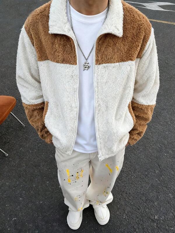 1pc Teenage Boys' Plush Jacket, Warm & Soft, Suitable For Casual, Home, Outdoor, Commute, Simple & Fashionable American Style, Long Sleeve Fleece Jacket, Autumn/Winter New Arrival