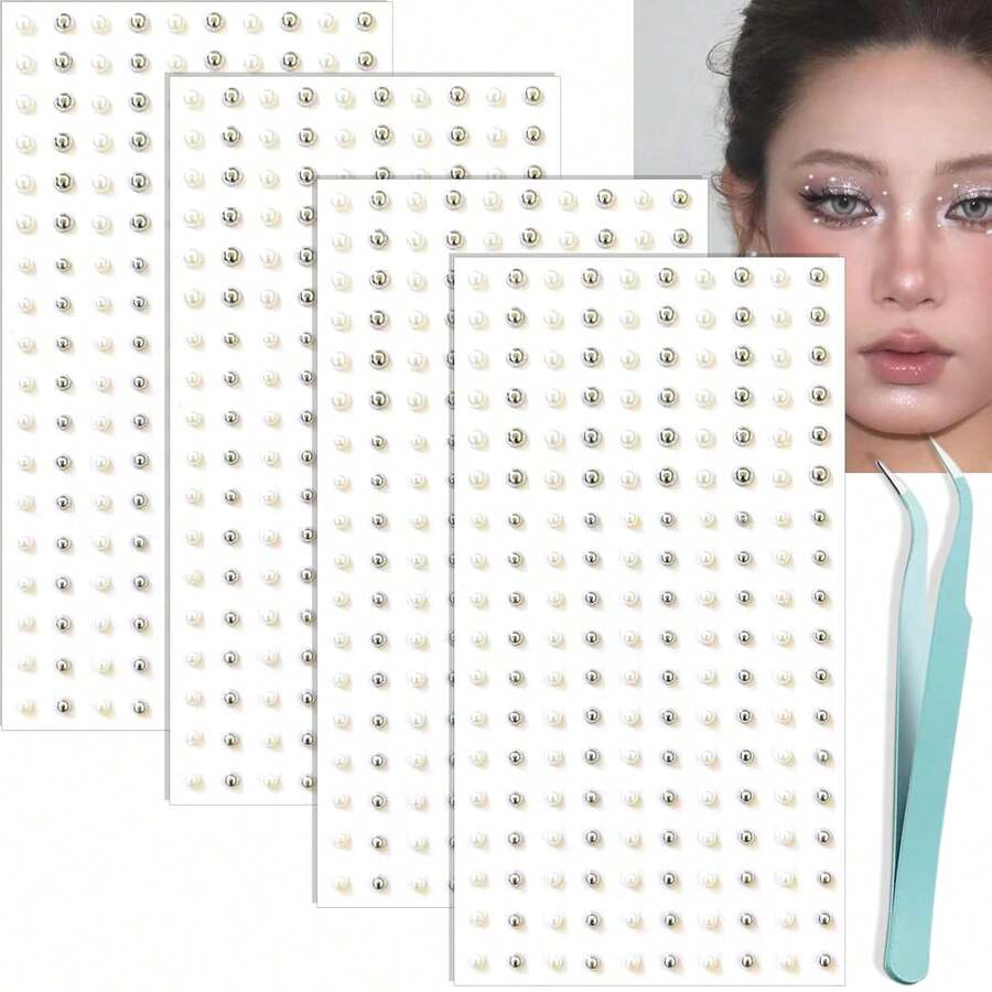Pearl And Silver Mixed Face Gems Fake Piercings, Fake Lip Ring Fake Nose Ring Fake Eyebrow Piercing Fake Lip Piercing Self-Adhesive Face Sticker Fake Piercing Balls Cool Punk Y2K Makeup,23580477 - Bạc - Xem 1