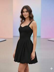 Vestido corto sin mangas con tirantes, corte A, copas y bajo acampanado, estilo Folk-Custom, para mujer, moda, tirantes tipo moño - Negro - Ver 2