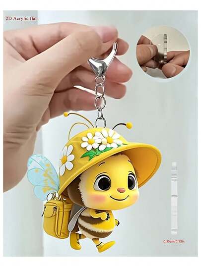 1pc 2D Flat Cute Bee Keychain - 2D Flat Acrylic Insect Backpack & Car Key Accessory, With Flower Cap Design, Lightweight Durable Keyring, Suitable For Girls, Women, Pet Owners - Valentine's Day Gift, Fun Pendant, Bag Charm, Can Be Given To Lover, Family, Friends, Classmates, Colleagues, Etc.