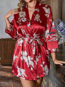 1pc Women Elegant Floral Print Loose Robe With Tie Waist, Comfortable Sleepwear Bathrobe For Home Wear - Red - View 2