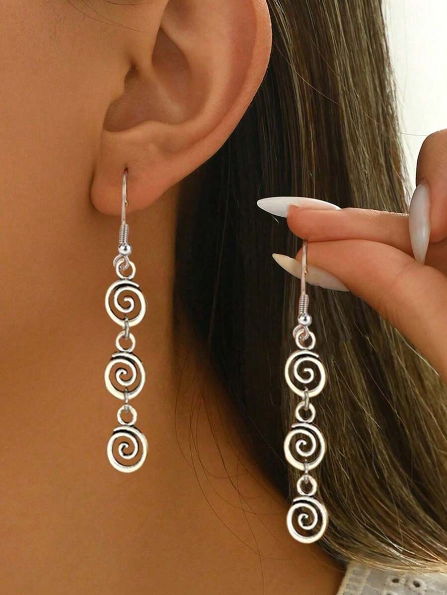 1 Pair Vintage Distressed Versatile Creative Geometric Spiral Swirl Dangle Earrings, Suitable For Women's Daily, Vacation, And Outfit Matching (The Black Part Is A Distressed Effect) - 復古銀色 - 查看 1