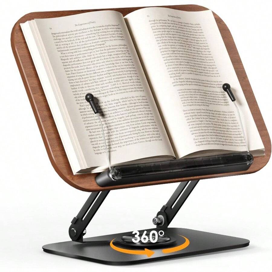 Book Stand For Reading Adjustable Book Holder With 360° Rotating Bases Foldable Designs And Elastic Clips Multifunctional Display Stand For Recipe Cookbooks Magazines Tablets Laptops - DarkWood - View 1