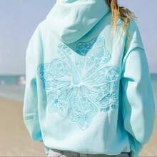 2025 Women's Sportswear Hawaii Hibiscus Sweatshirt Ins Outdoor Warm Drop Shoulder Sleeve Ribbed Hoodie Embroidery Design - 紅色-椰樹 - 查看 5