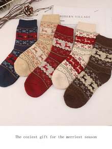 5 Pairs Of Cozy Reindeer Print Mid-Calf Socks - Warm, Thick Christmas Socks For Women, Festive Animal Design In Red, Beige, Brown, And Navy Blue, Perfect For Holiday Celebrations, Christmas Socks,Christmas Surprise Gifts,Valentine's Day Gifts, New Year's Gifts - Multicolor - View 2