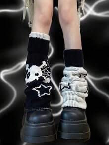 1 Pair Reversible Skull Leg Warmers, Bell-Bottomed Stockings AJOR - Black - View 5