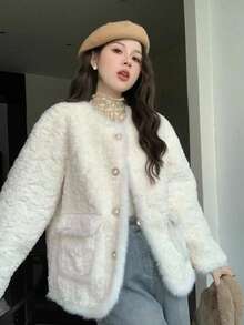 富家千金女士蓬松外套，加厚棉质上衣，秋冬款 - 白色 - 查看 3