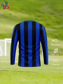 1pc Customized Children's Milan Long Sleeve Football Training Jersey - Personalized With Name And Number (Front/Back) - Blue And Black Striped Design - Quick-Dry And Breathable - Suitable For Football, Volleyball, Basketball, Casual Wear, And An Ideal Gift For Halloween, Thanksgiving, Christmas, And New Year - Blue - View 3