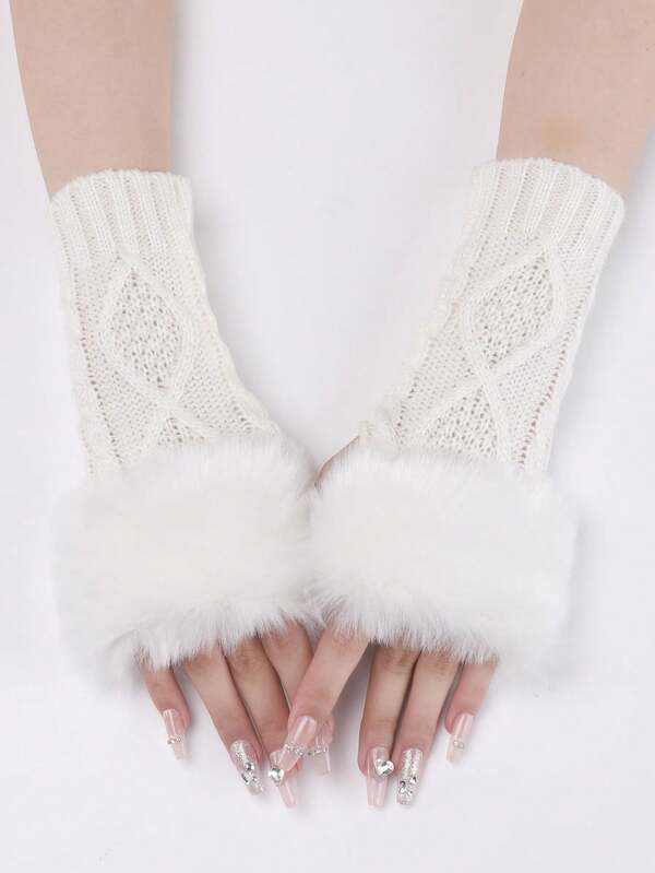 1 Pair Women Short White Knitted Fingerless Faux Fur Gloves, With Furry Trim, Warm & Fashionable Arm Warmers For Autumn/Winter, Suitable For Outdoor & Casual Wear