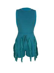 Summer Fashionable Casual Tight Fit Camisole And Fringe Trim Tight Shorts, Suitable For Music Festivals - Baby Blue - View 6