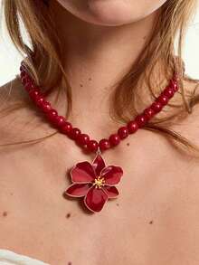Dây chuyền mặt hoa đính hạt màu đỏ ZAA phóng đại, Dây chuyền hoa ngọc trai đỏ mới, Vòng cổ thời trang thanh lịch phóng đại màu đỏ, Trang sức nữ - Nhiều màu - Xem 1