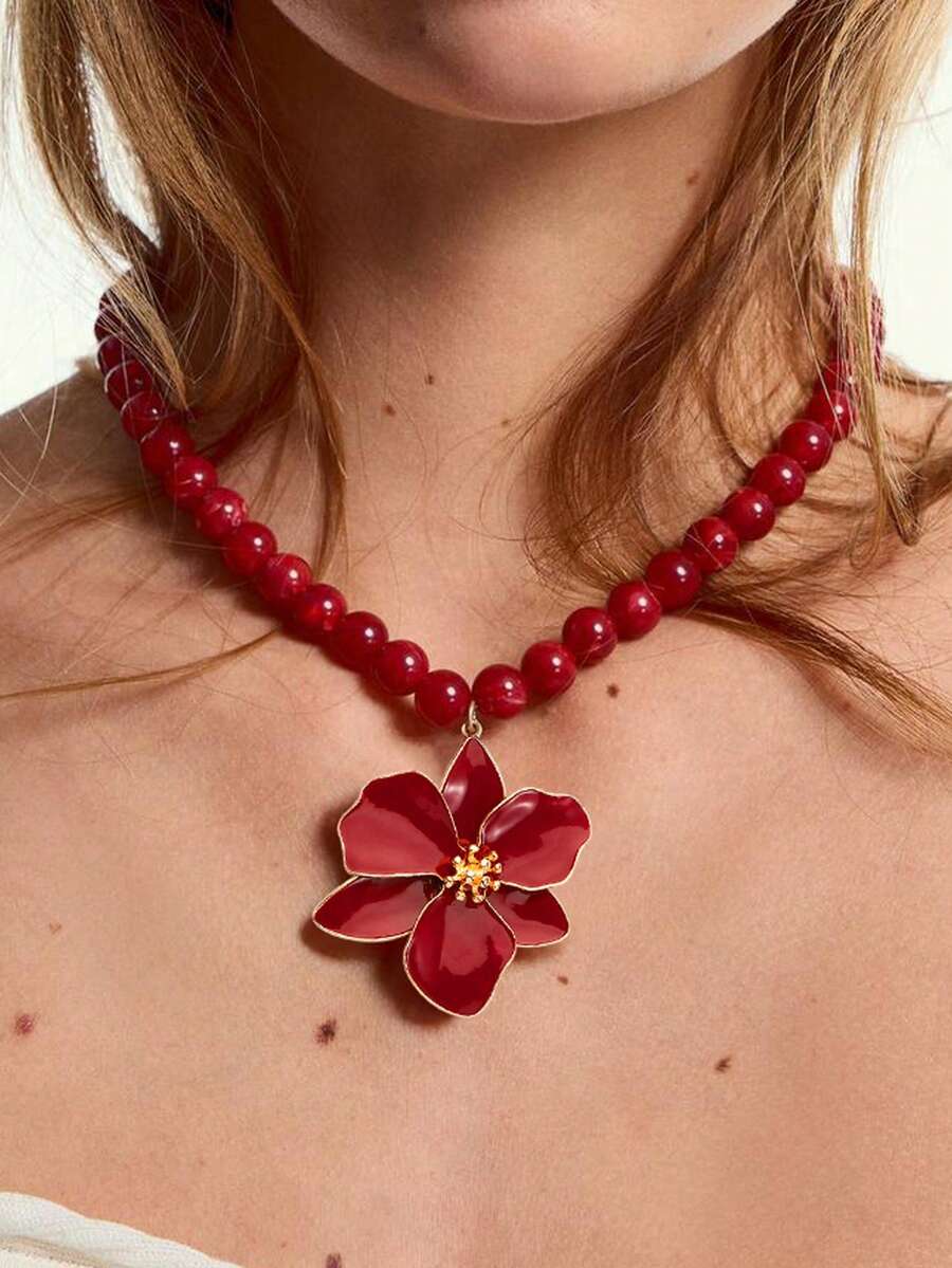 Dây chuyền mặt hoa đính hạt màu đỏ ZAA phóng đại, Dây chuyền hoa ngọc trai đỏ mới, Vòng cổ thời trang thanh lịch phóng đại màu đỏ, Trang sức nữ - Nhiều màu - Xem 1