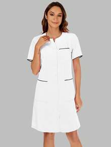 cimmuovere 女式圆领短袖前开口袋手术服护士服工作服牙医保健宠物医院实验室连衣裙