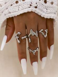 4pcs/Set Creative Water Drop Geometric Stackable Rings Set, Suitable For Women's Daily Wear, Party, Fashion Jewelry Gift - Silver - View 5