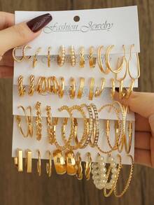 Bộ 48/36/12 khuyên tai kim loại phong cách Bohemian dành cho nữ, khuyên tai ngọc trai giả, khuyên tai hình chữ C hình học, thích hợp cho cuộc sống hàng ngày, trang phục dự tiệc, bộ trang sức làm quà tặng ngày lễ - Vàng - Xem 13
