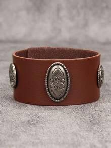 1pc Oval Embossed Floral Men's Leather Bracelet, Vintage Style Minimalist Versatile Accessory, Men's Wristband Christmas Gift, Suitable For Holiday Wear