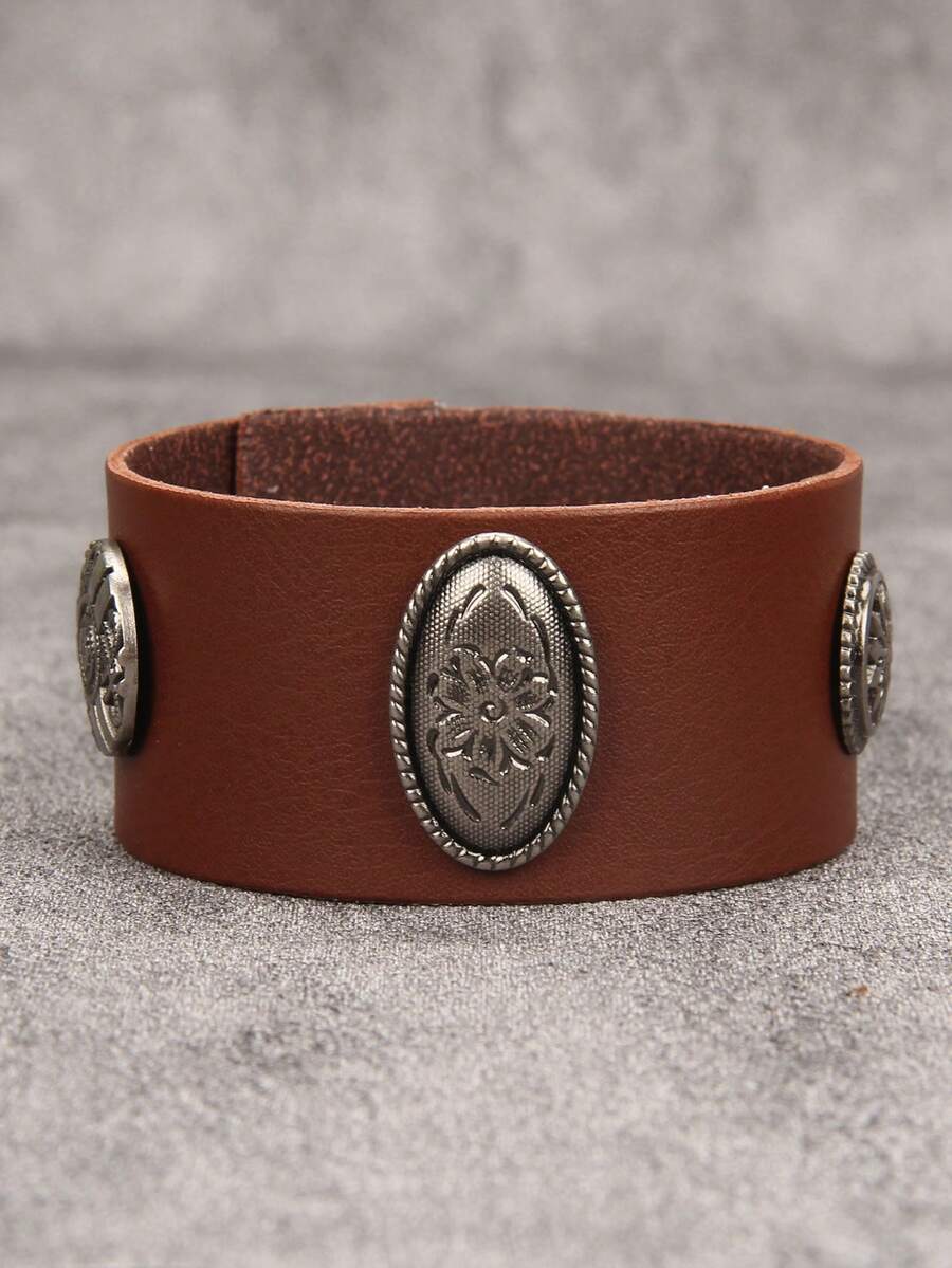1pc Oval Embossed Floral Men's Leather Bracelet, Vintage Style Minimalist Versatile Accessory, Men's Wristband Christmas Gift, Suitable For Holiday Wear