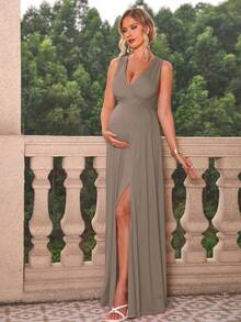 Joyfunear Váy bầu màu trơn cổ chữ V xẻ tà phía trước, không tay, mùa hè - màu nâu - Xem 6